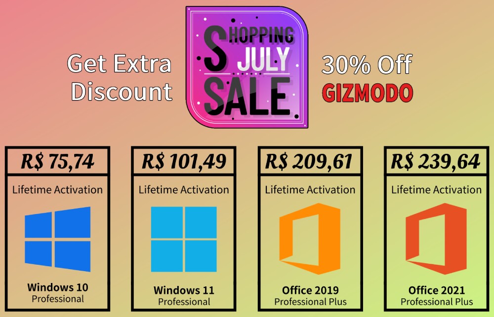 Grande venda de Julho: MS Windows vendido a partir de R$ 62 e Office R$ 126