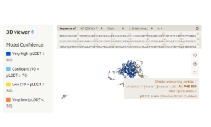 Cópia da página do software AlphaFold mostrando 3D de proteína.