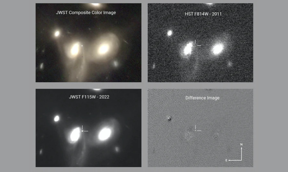 Um conjunto de quatro imagens mostra a detecção de uma supernova pelo telescópio espacial James Webb.
