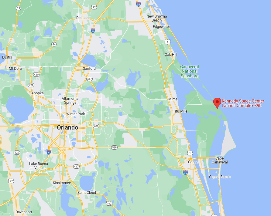 Mapa de parte da Flórida com a indicação em vermelho do local da decolagem do Artemis 1