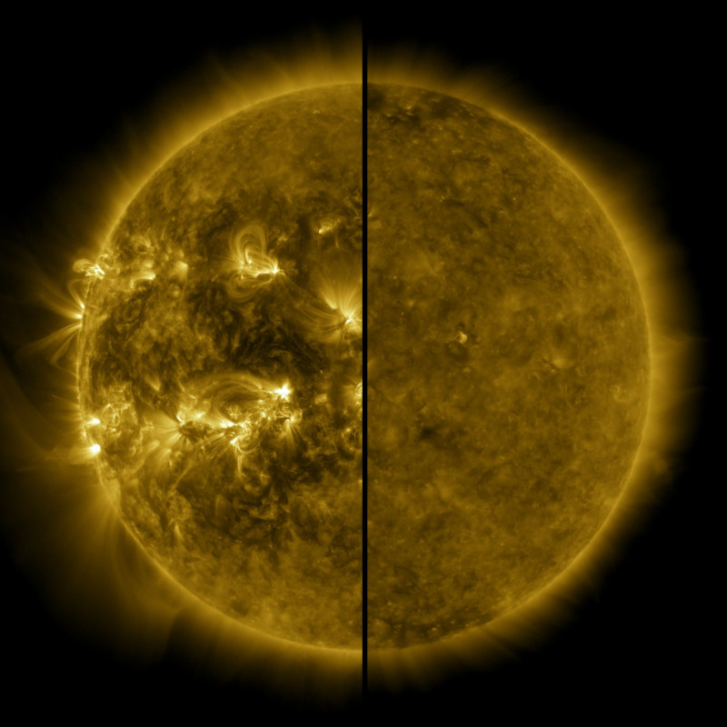 Comparação entre um Sol ativo durante o máximo solar (captado em 2014), e um Sol mais calmo (em 2019).