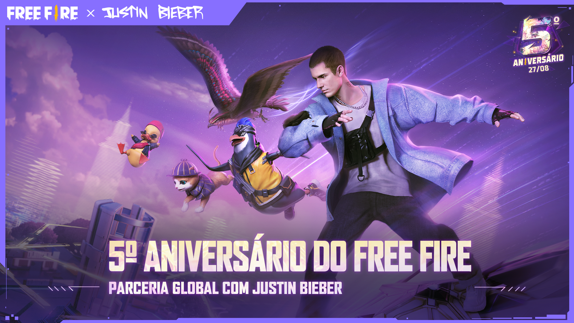 Free Fire celebra 5 anos com 1º show de Justin Bieber no jogo