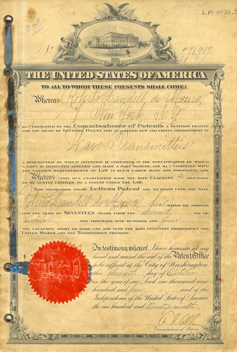 Registro da patente do rádio de Landell, nos Estados Unidos. Imagem: Hamilton Almeida