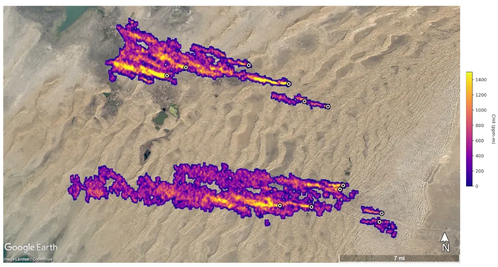 Pluma de metano vista sobre Turcomenistão a uma taxa de 50,4 mil kg por hora. 