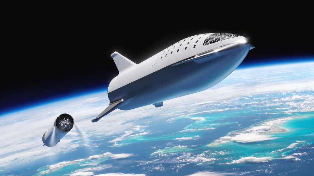 Concepção artística da nave Starship, da SpaceX, entrando em órbita da Terra