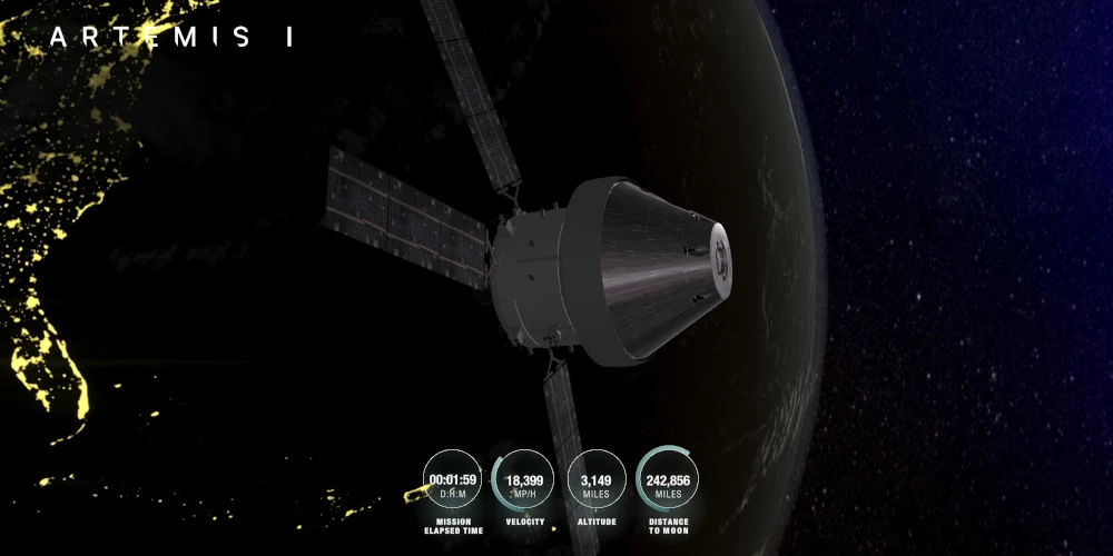 Print da ferramenta “Artemis 1 Real-time Orbit”, que permite ver uma simulação 3D da histórica missão da NASA para a Lua.