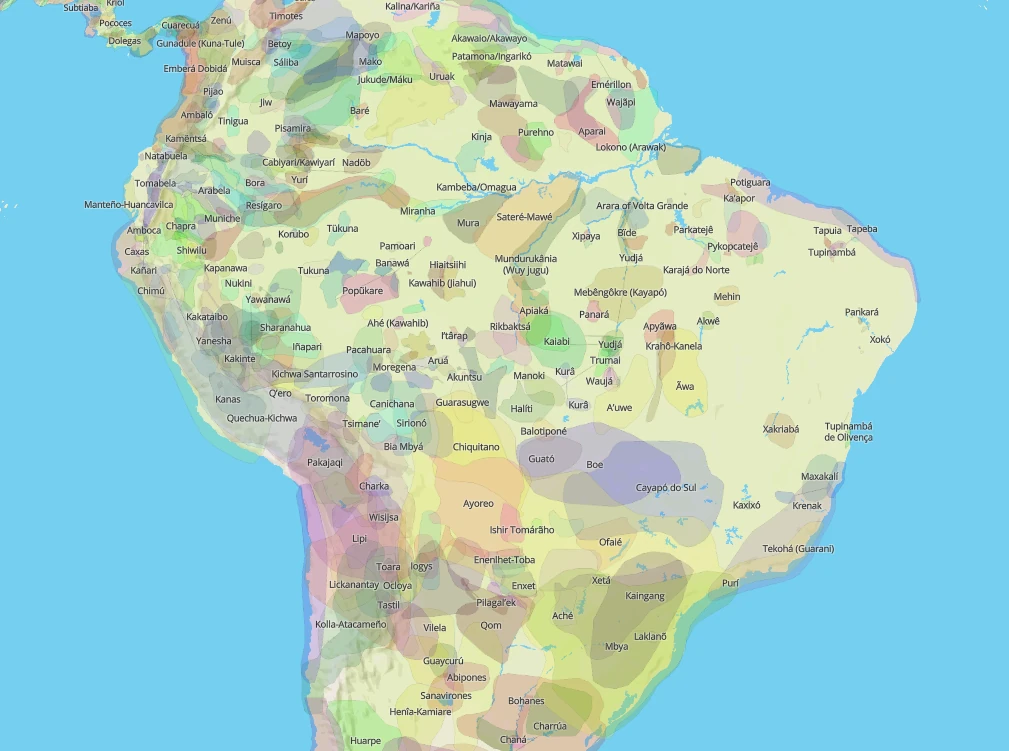 Distribuição dos diferentes povos originários do Brasil e em outros países da América do Sul.