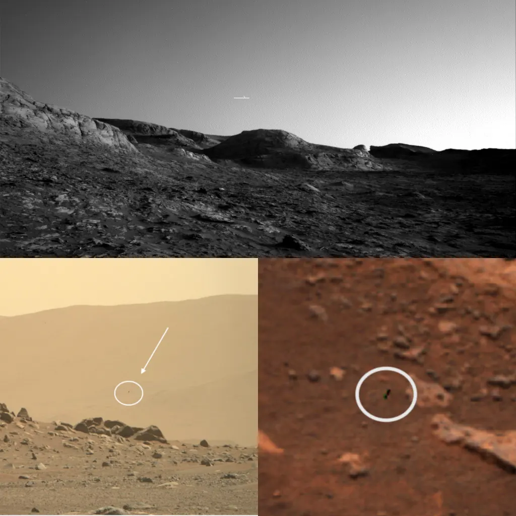 Exemplos de OVNIs captados em Marte, mas que foram explicados pela NASA como resultado de dead pixels nas câmeras do rover Curiosity.