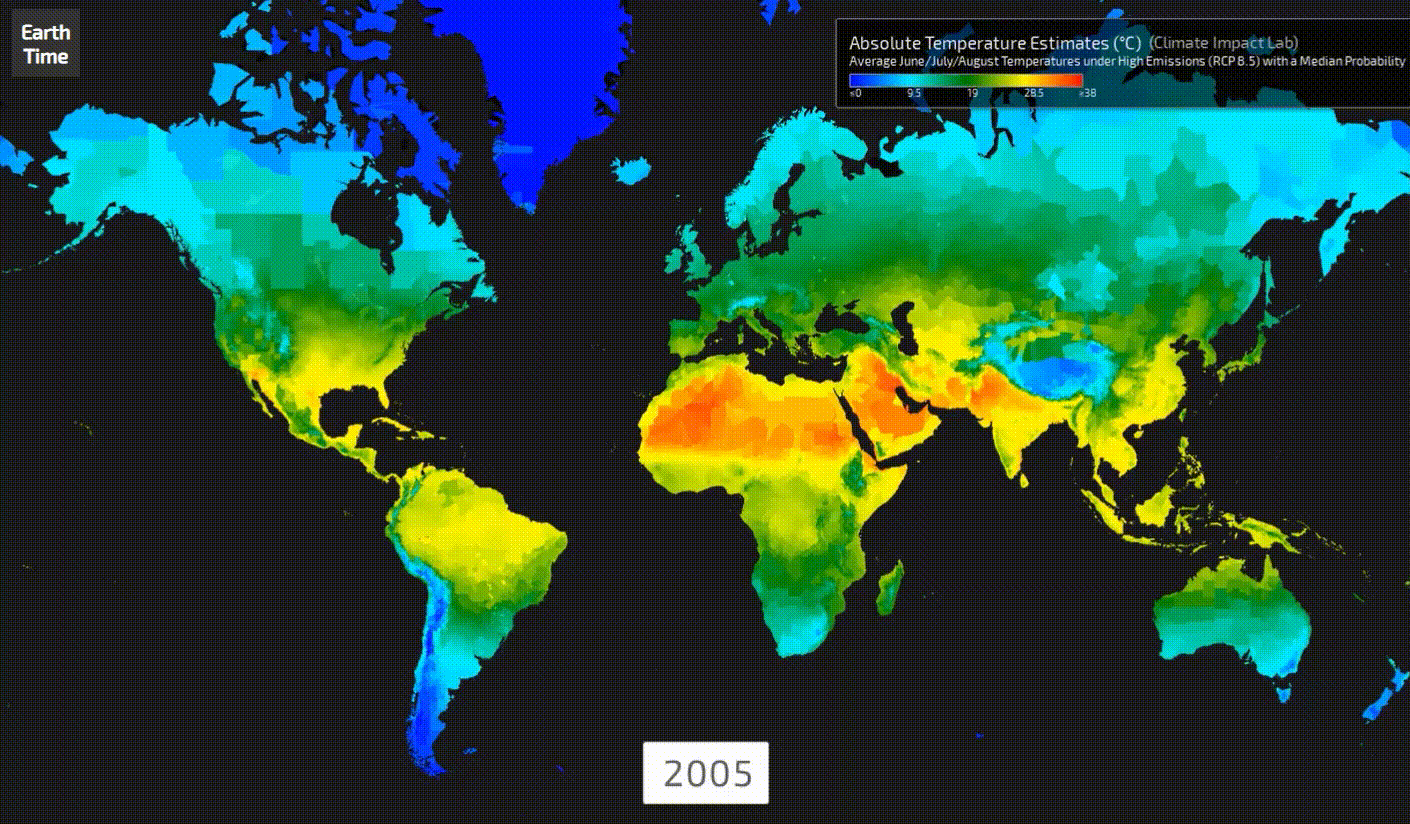 Mapa mostra a evolução da temperatura média dos meses de junho, julho e agosto, no Brasil e no mundo, ao longo do século 21. As temperaturas médias variam de 0º C (em azul) a até 38º C (em vermelho).