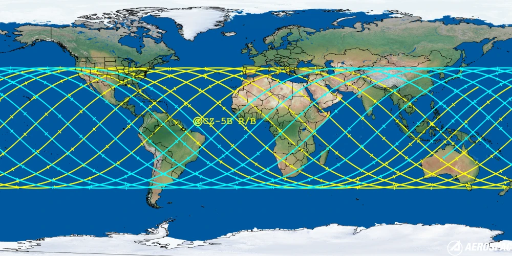 Simulação dos possíveis locais de impacto (linhas azuis e amarelas) dos restos do foguete Long March 5B. 