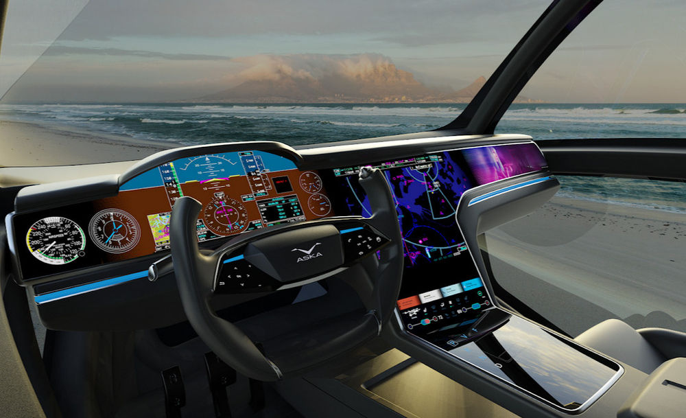 Interior do eVTOL tem um painel futurista que mistura o visual de um carro com o de um helicóptero. Imagem: Aska/Divulgação.