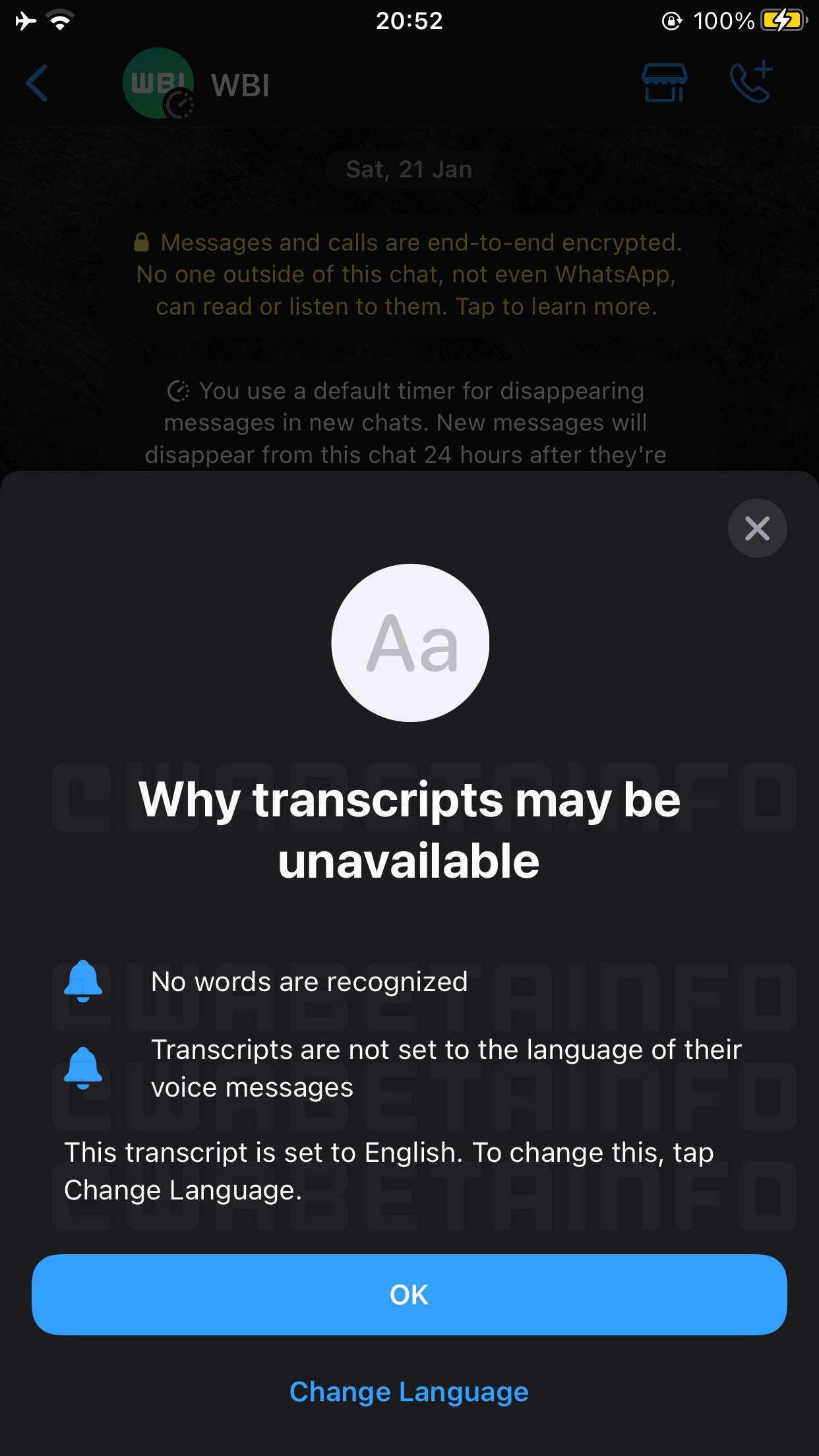 Print da tela com a mensagem de funcionamento da nova ferramente de transcrição no WhatsApp. 
