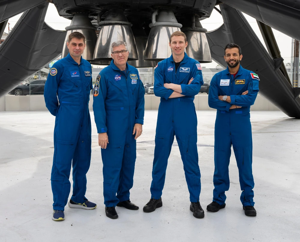 Os astronautas da missão Crew-6, da SpaceX. Da esquerda para direita, o russo Andrey Fedyaev, os norte-americanos Stephen Bowen e Warren “Woody” Hoburg, e o árabe Sultan Alneyadi. 