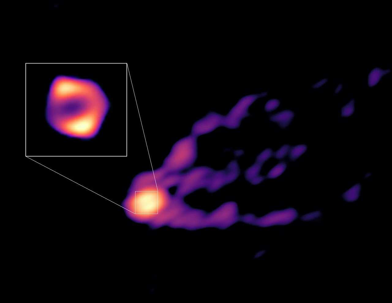 Imagem mostra o jato e a sombra do buraco negro no centro da galáxia M87 juntos pela primeira vez.