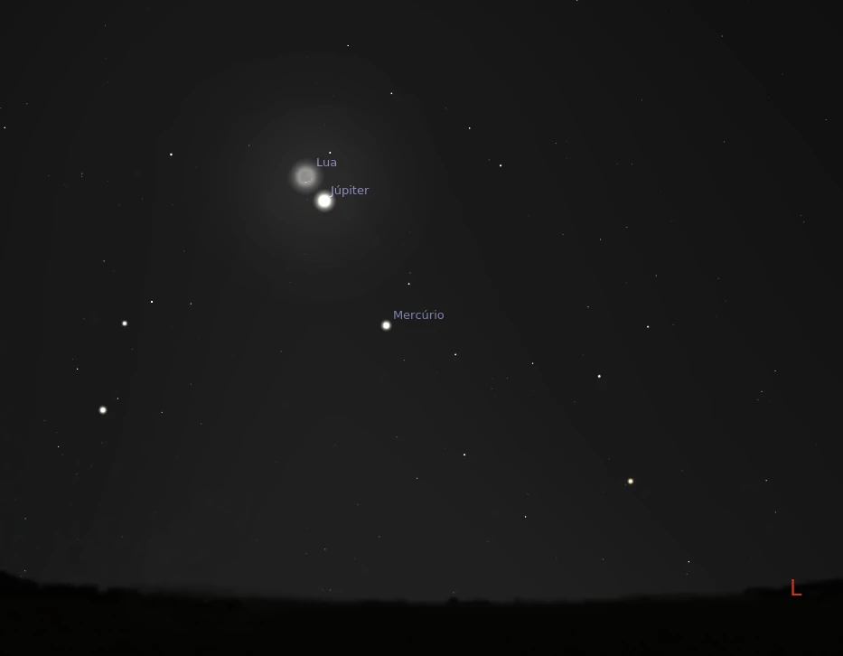 Conjunção entre a Lua, Júpiter e Mercúrio, no amanhecer do dia 17 de maio