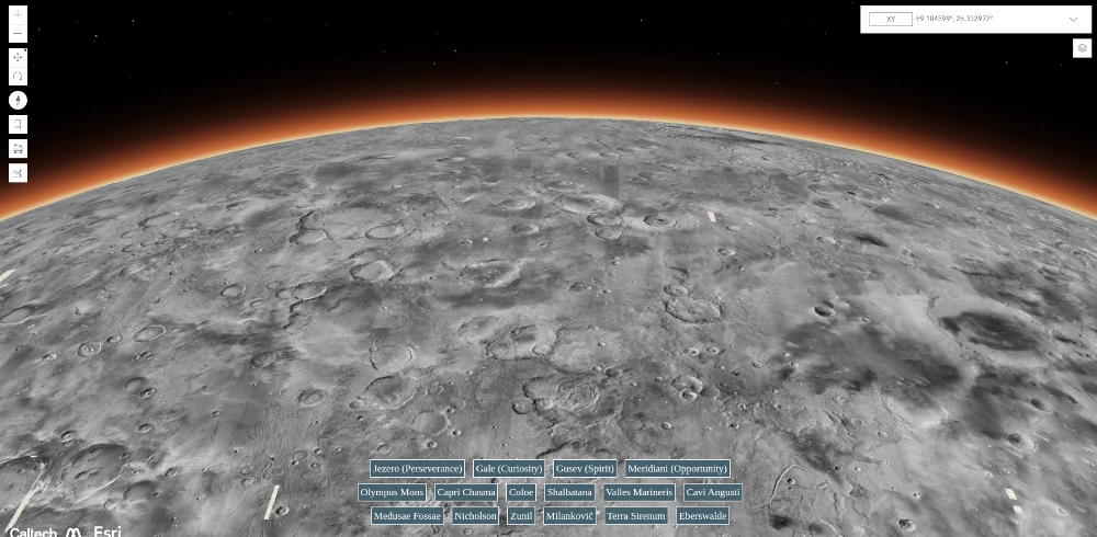 Print do "Global CTX Mosaic of Mars", ferramenta que permite explorar em detalhes a superfície de Marte