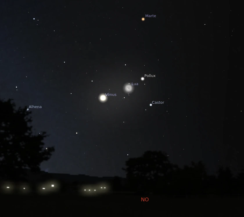 Conjunção entre Vênus, Lua e Marte, junto das estrelas da constelação de Virgem. 