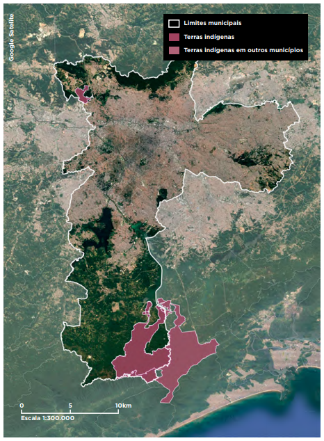 Mapa mostra a localização da terra indígena Tenondé Porã, ao sul da cidade de São Paulo, e da terra indígena Jaraguá, no noroeste paulistano.