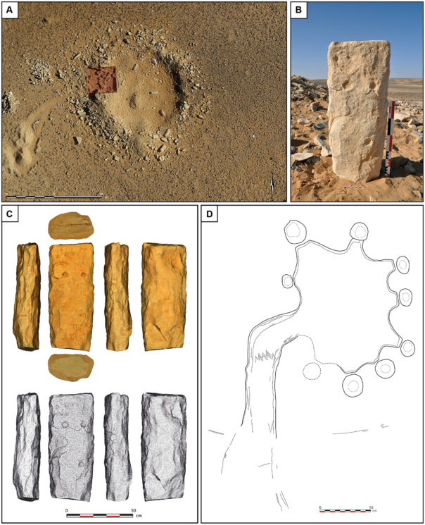 Imagens do monólito encontrado na Jordânia e da representação de pipa do deserto nele contida