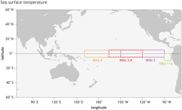 mapa que mostra a área do Oceano Pacífico monitorada pela NOAA em relação à incidência do El Niño