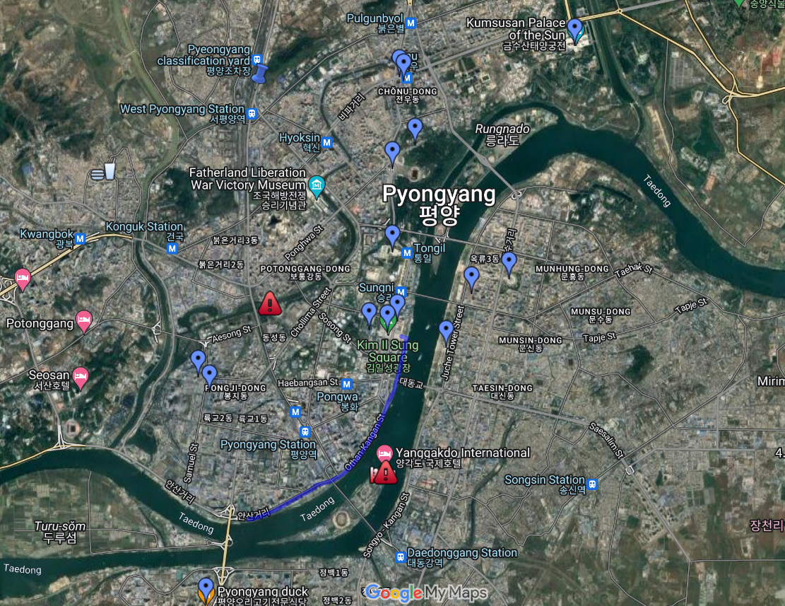 Coreia do Norte visto pelo Google Maps, com marcação feita por usuários
