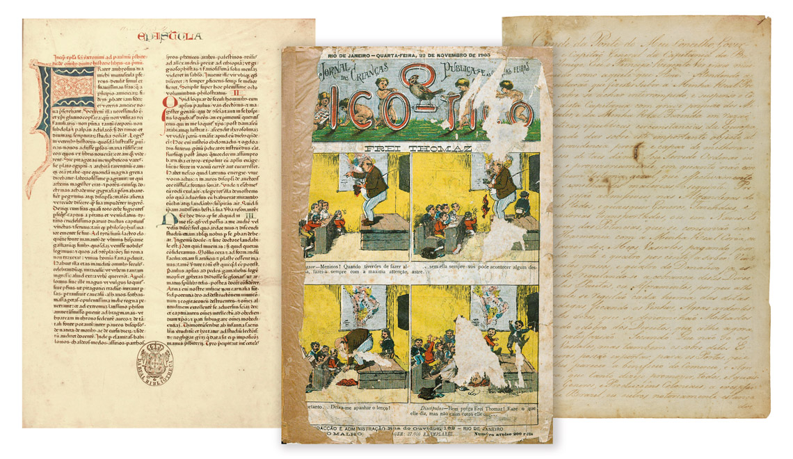 Obras raras do acervo da Biblioteca Nacional: exemplar impresso em 1462 da Bíblia de Mogúncia (à esq.), primeira edição da revista em quadrinhos O Tico-Tico, de 1905, e Carta de abertura dos portos, de 1808