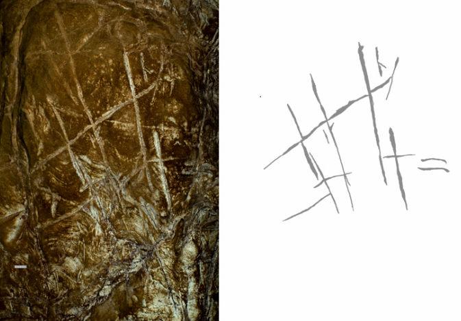 fotografia da gravura supostamente feita por indivíduos Homo naledi e esquema da gravura