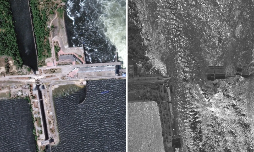 antes e depois das inundações causadas pela explosão na barragem de Nova Kakhovka