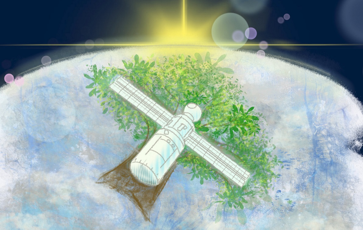ilustração que representa um satélite de madeira