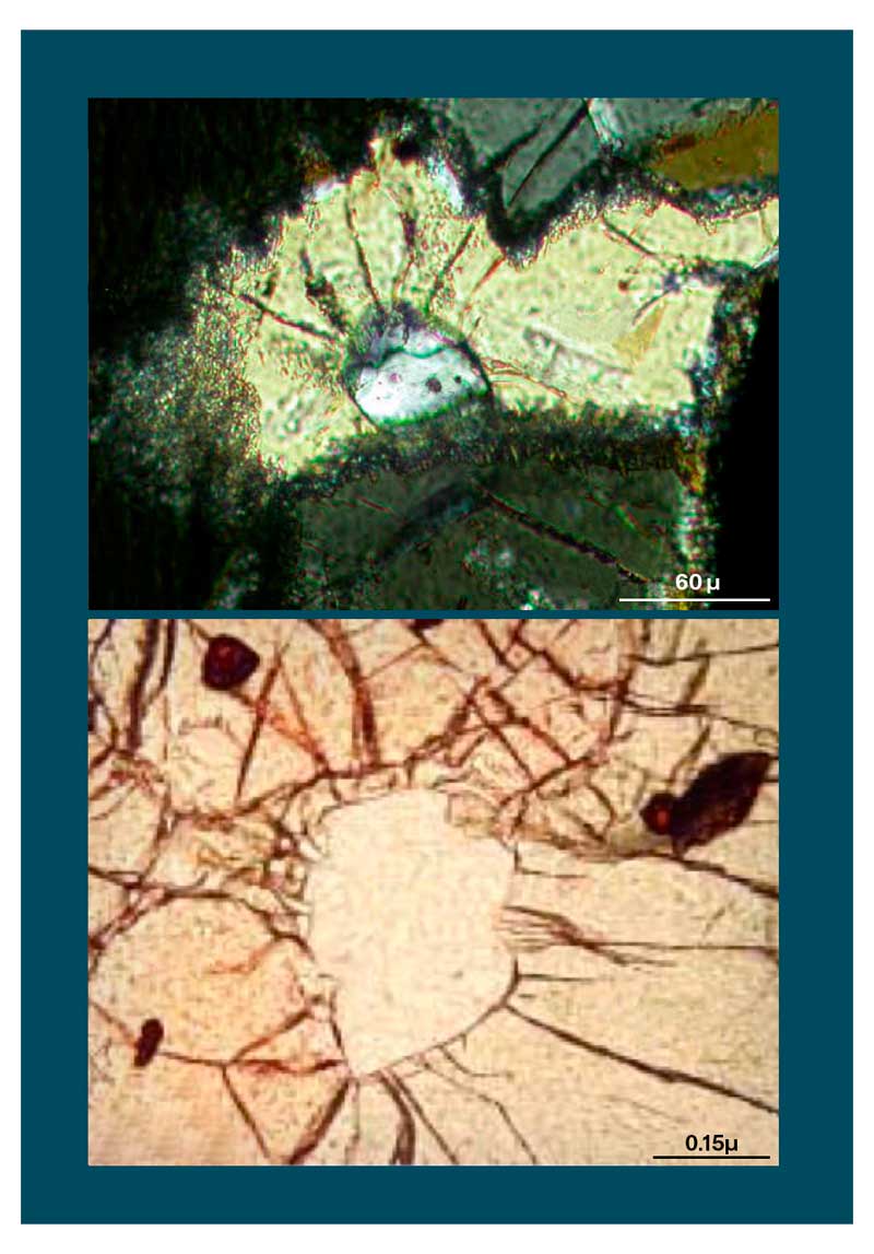 No alto, coesita (ao centro), cercada por piroxênio onfacita, outro mineral formado sob ultra-alta pressão, em uma rocha coletada no noroeste da China; abaixo, quartzo (ao centro) com fraturas radiais, que indicam a transformação de antigas coesitas, do leste da China.