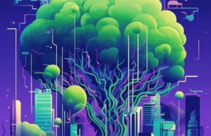 ilustração de divulgação do climAI, com árvores e prédios em estética futurista