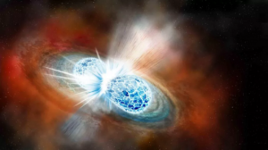 ilustração de colisão de estrelas de nêutrons. eventos do tipo podem gerar erupções de raios gama