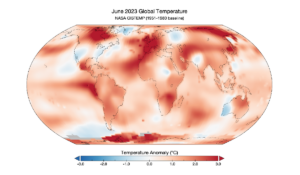 Mapa da NASA mostra anomalias de temperatura do planeta em junho de 2023