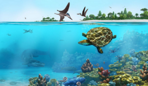 reconstrução artística da tartaruga jurássica em seu habitat natural