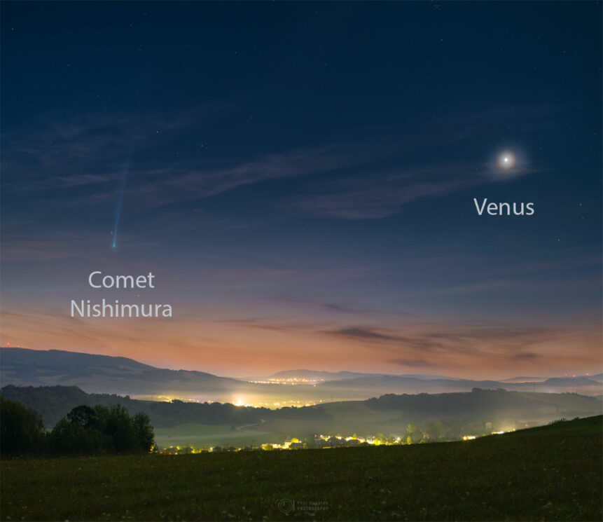 Fotógrafo flagra cometa Nishimura e planeta Vênus na mesma imagem
