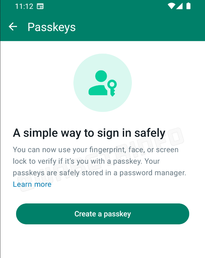 Imagem do app do WhatsApp mostrando o novo recurso de senha para criar uma passkey