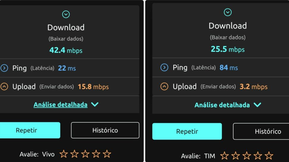 Captura de tela compara velocidade do 4G da Vivo com o da TIM em Minas Gerais.