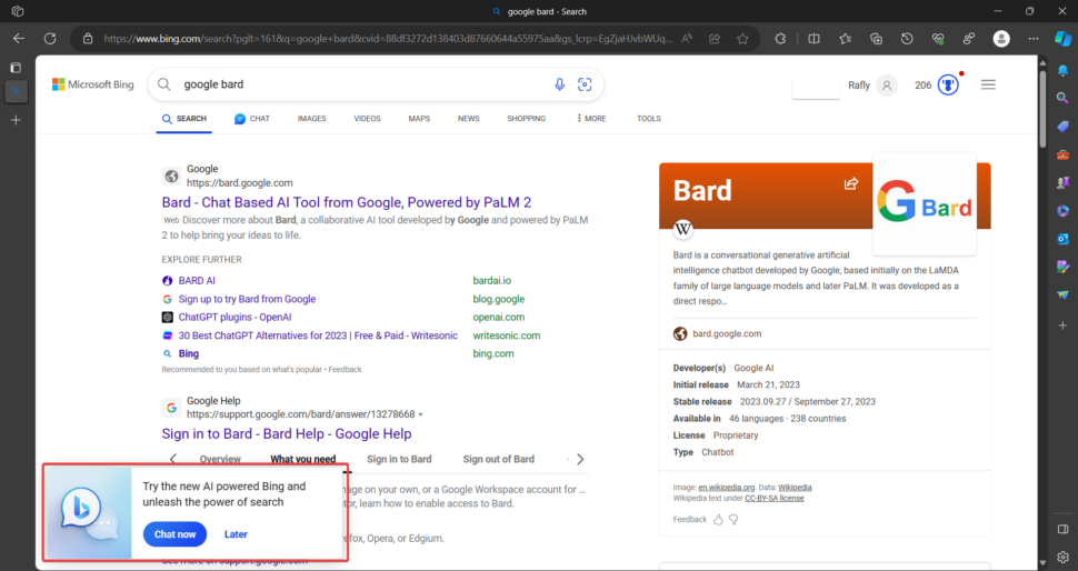 Microsoft promove Bing Chat ao pesquisar sobre o Google Bard (Imagem: Reprodução/Giz Brasil)