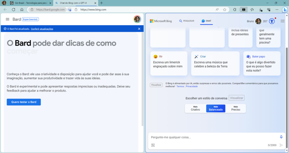 Microsoft Edge compara Bing Chat e Google Bard lado a lado (Imagem: Reprodução/Giz Brasil)