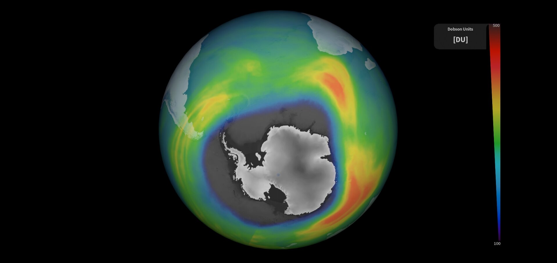 Medições de satélite mostram o buraco na camada de ozônio sobre a Antártida. Imagem: Copernicus Sentinel/Reprodução