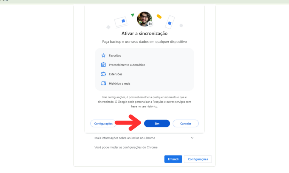 Confirme a sincronização do Chrome (Imagem: Reprodução/Giz Brasil)