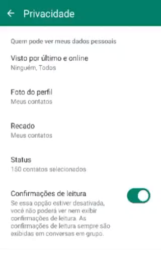 Imagem mostra como desativar confirmação de leitura no WhatsApp para visualizar Status sem ser descoberto. Imagem: Captura de Tela/Giz Brasil