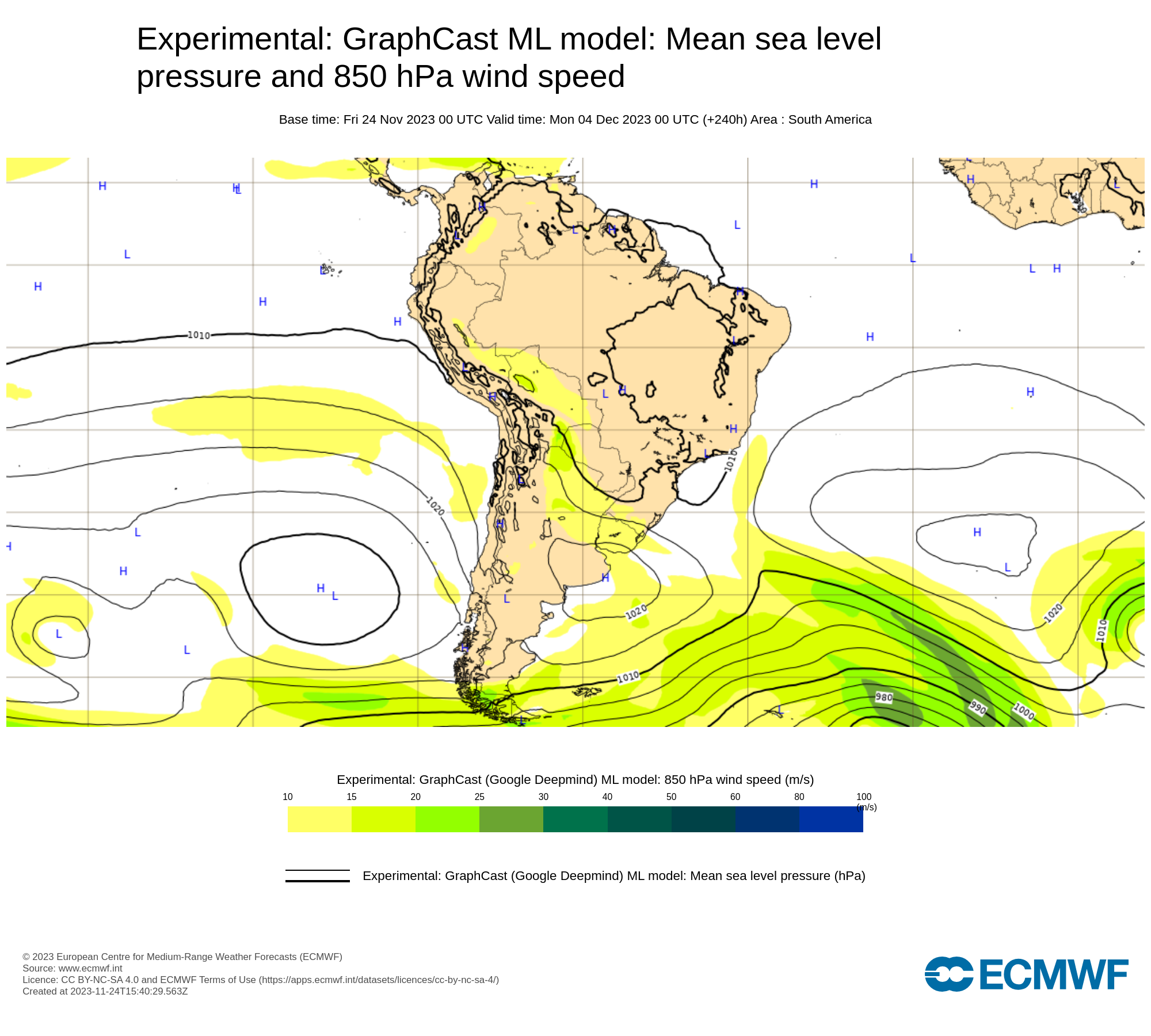 Previsão para eventos climáticos na América Latina feita usando a IA. Imagem: ECMWF/Reprodução