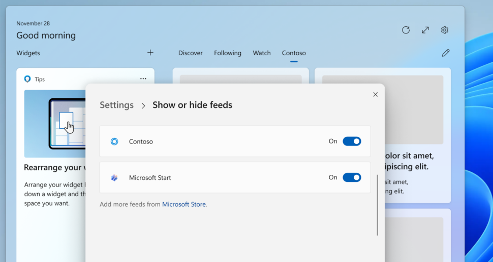 Usuários poderão escolher fontes de notícias nos widgets do Windows 11 (Imagem: Divulgação/Microsoft)