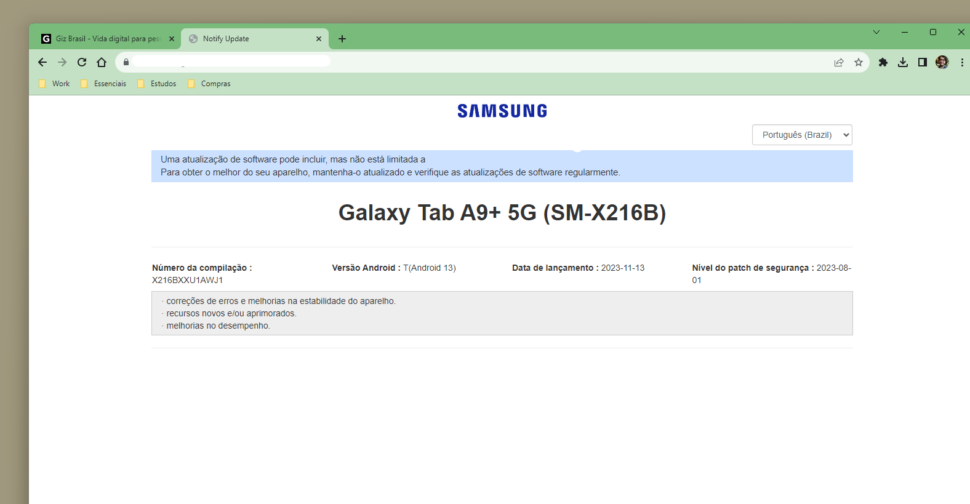 Galaxy Tab A9+ ainda não tem o Android 14 disponível para atualização (Imagem: Reprodução/Giz Brasil)