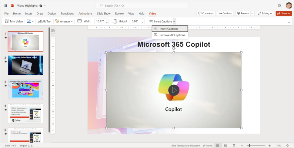 PowerPoint ganha opção para incluir legendas nos vídeos (Imagem: Divulgação/Microsoft)