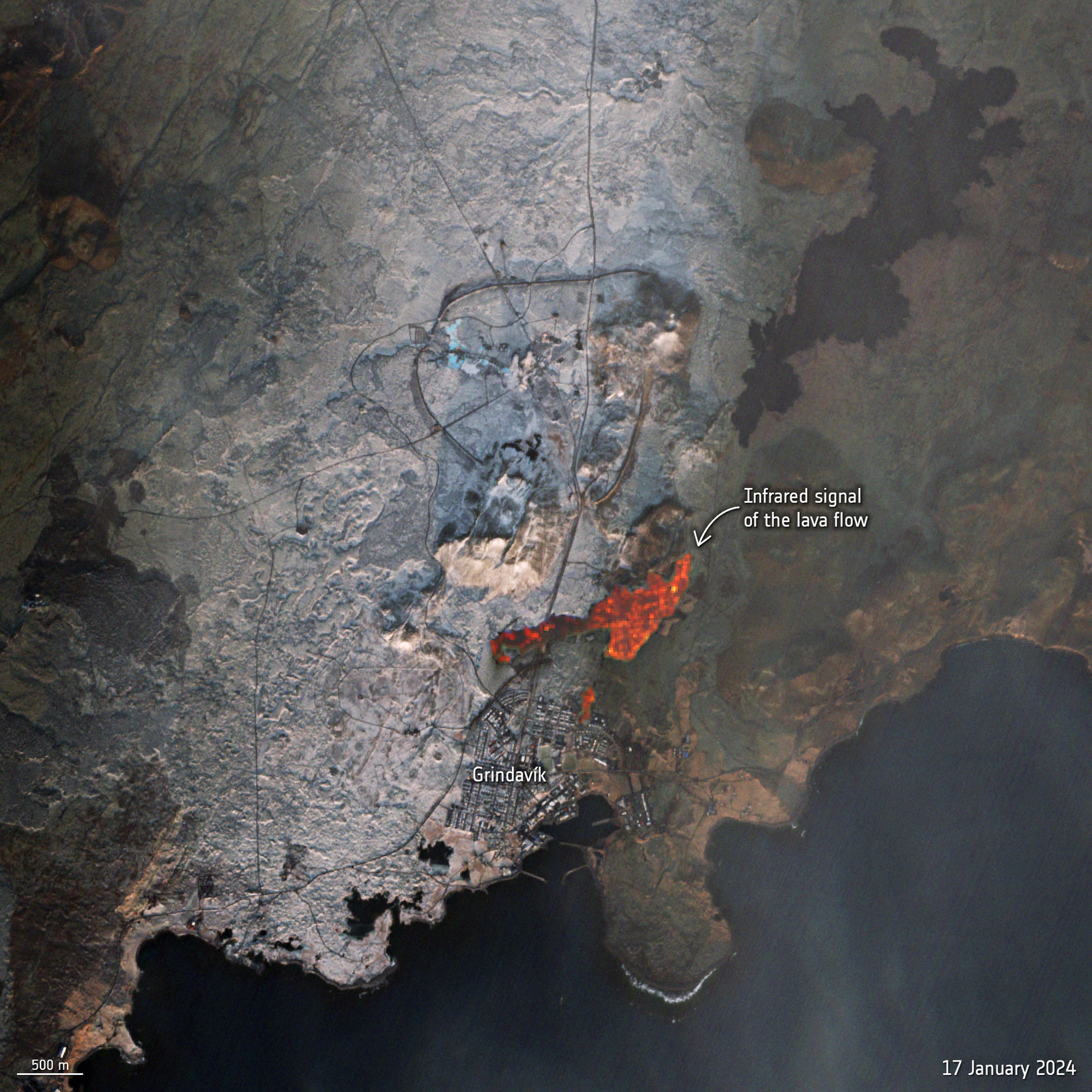 Fluxo de lava do vulcão na Península de Reykjanes, na Islândia