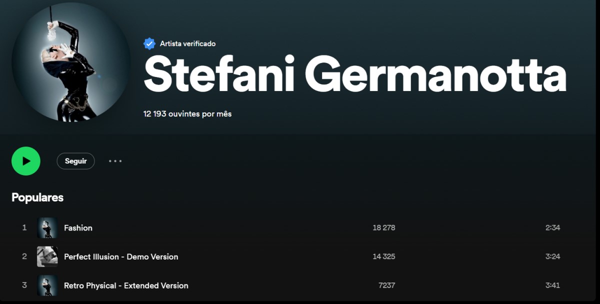 Perfil de Stefani Germanotta no Spotify com canções vazadas de Lady Gaga