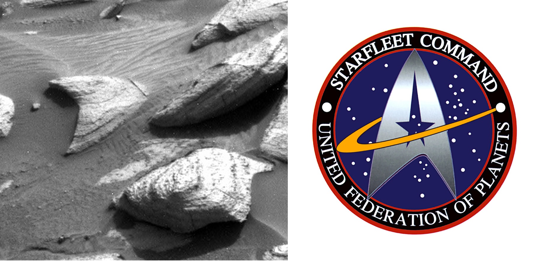 À esquerda, a rocha em forma de delta, lembrando o símbolo da Frota Estelar, à esquerda.