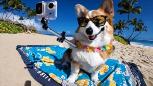 Cachorro segurando um câmera de ação na praia, criado a partir do Sora
